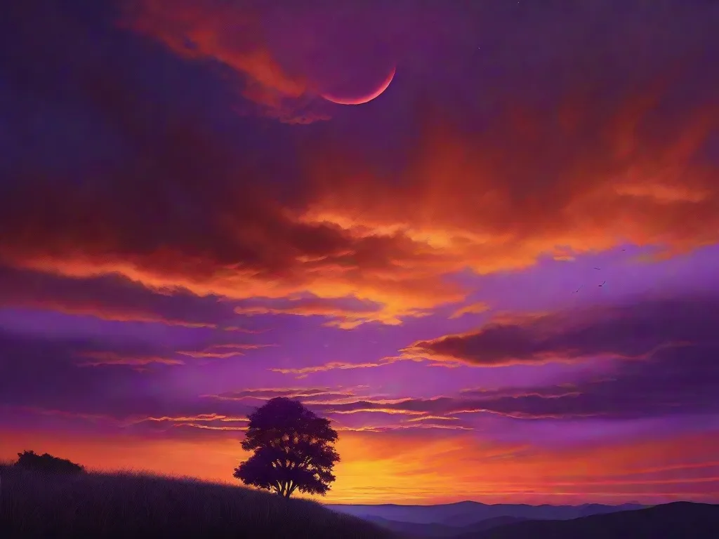 Uma imagem hipnotizante de um céu crepuscular pintado em tons de laranja, rosa e roxo. O sol em declínio lança seu brilho quente em uma árvore solitária que se ergue alta contra o horizonte, criando uma silhueta que se mescla perfeitamente com o escurecimento do céu. A beleza do crepúsculo se desdobra nessa cena