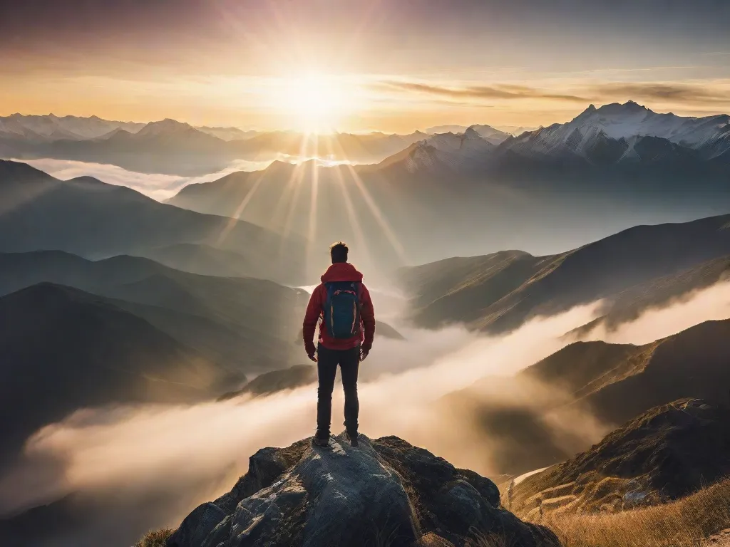 Tema: Desenvolvimento Pessoal
Descrição: Uma imagem de uma pessoa em pé no topo de uma montanha, com os braços estendidos, abraçando a imensidão do mundo. O sol está brilhando intensamente, simbolizando o crescimento pessoal e o sucesso. A postura confiante da pessoa reflete sua determinação em superar desafios e alcançar seu pleno potencial.
