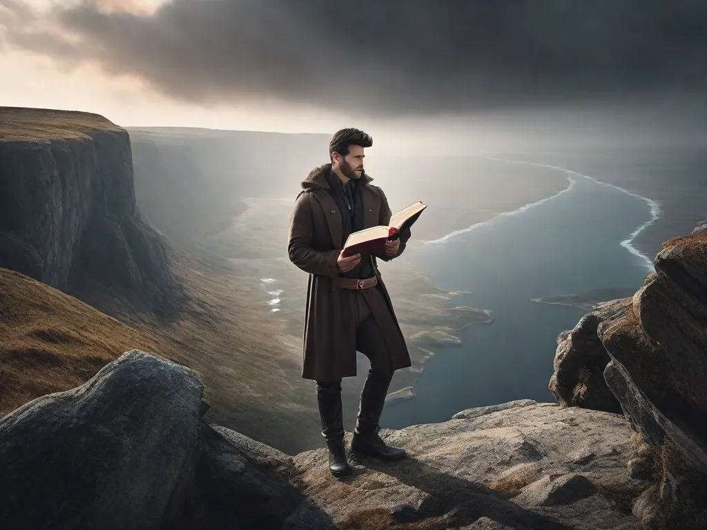 Tema: Desenvolvimento Pessoal
Descrição: Uma imagem de uma pessoa em pé na beira de um penhasco, olhando para uma paisagem vasta. A pessoa está segurando um livro intitulado
