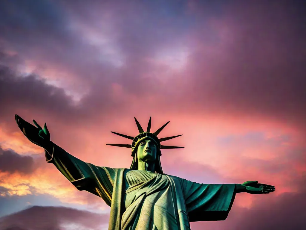 Uma vibrante fotografia da icônica estátua do Cristo Redentor no Rio de Janeiro, Brasil, erguendo-se majestosamente contra o pano de fundo de um pôr do sol colorido. Os braços estendidos da estátua simbolizam o espírito acolhedor e caloroso do povo brasileiro, enquanto a paisagem deslumbrante exibe a beleza natural do país.