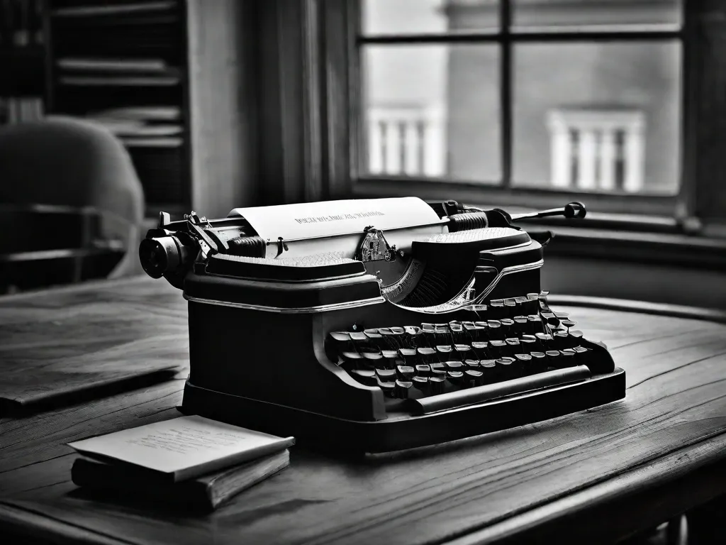 Descrição da imagem: Uma máquina de escrever antiga está sobre uma mesa de madeira, cercada por pilhas de livros antigos e uma lâmpada levemente iluminada. As teclas da máquina de escrever estão um pouco desgastadas, sugerindo as inúmeras histórias que foram escritas em suas páginas. A cena exala uma sensação de nostalgia e criatividade, convidando os leitores a