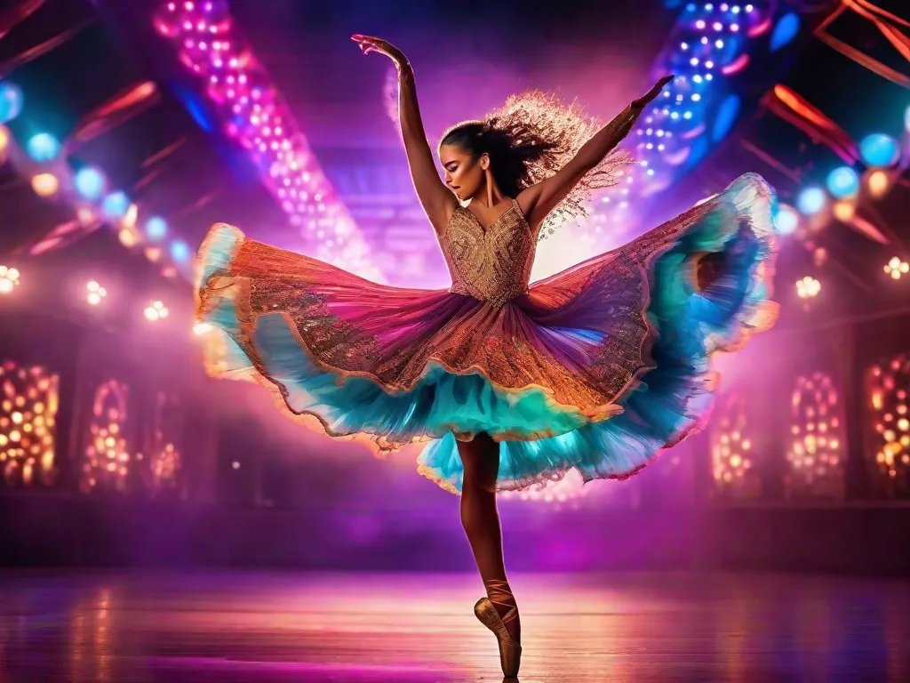 Descrição: Uma imagem vibrante capturando a essência da dança, com uma graciosa dançarina em pleno salto, seu vestido fluindo criando belos padrões no ar. O palco é banhado por luzes coloridas, iluminando a elegância e paixão da dançarina enquanto ela se expressa através do poder do movimento.