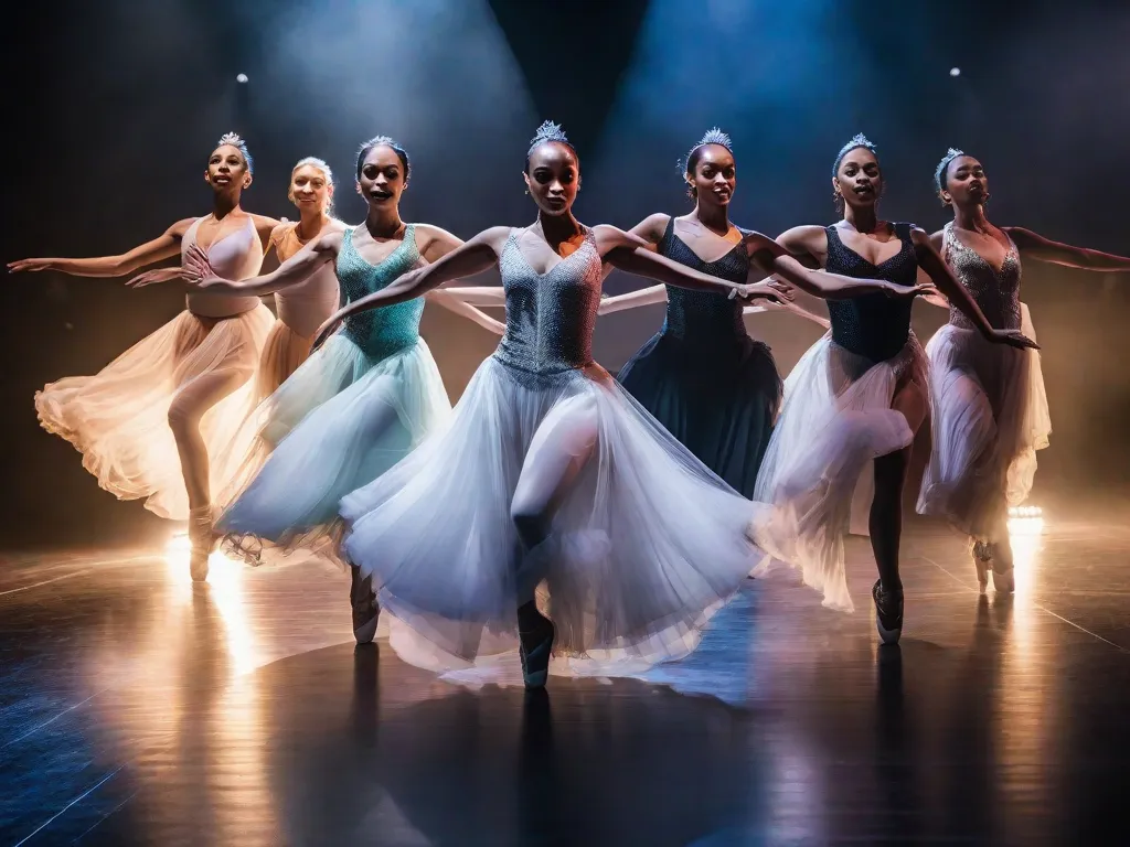 Uma imagem vibrante que mostra um grupo de dançarinos profissionais se movendo graciosamente em sincronia em um palco levemente iluminado. Suas poses dinâmicas e movimentos fluidos criam um espetáculo visual encantador, capturando a beleza e energia da dança. Os trajes dos dançarinos exalam elegância, adicionando uma camada extra de fascínio à cativante