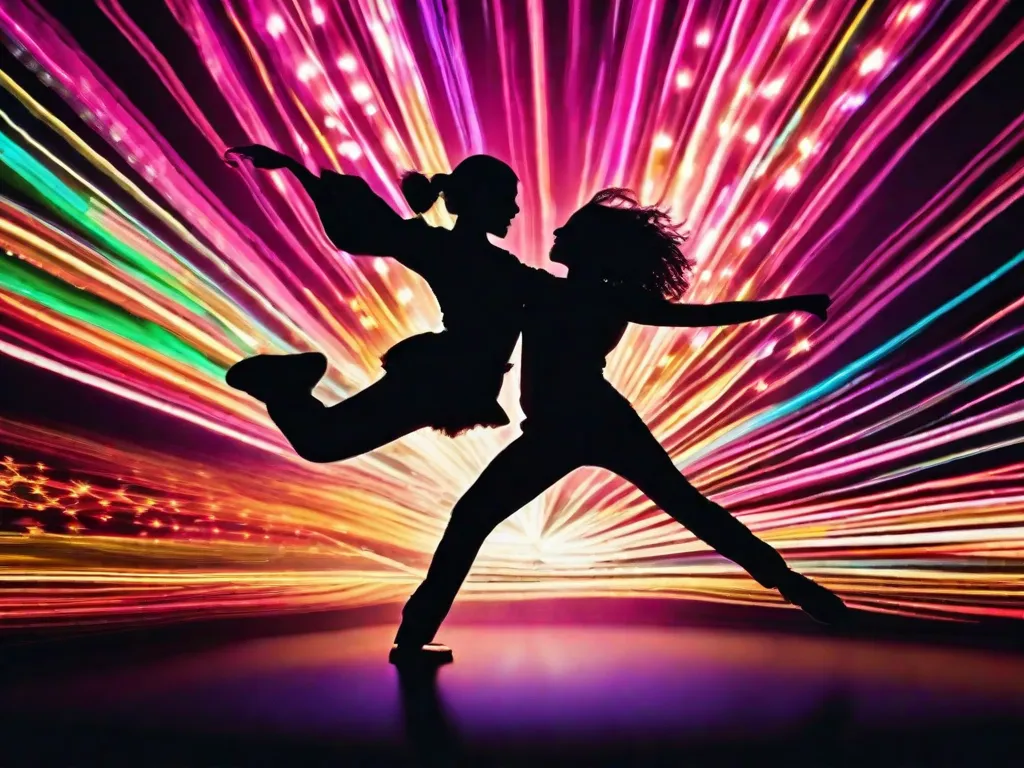 Descrição: Uma imagem vibrante mostrando um grupo de dançarinos profissionais se movendo graciosamente em sincronia em um palco. Seus trajes coloridos e poses dinâmicas exalam energia e paixão, capturando a essência da arte da dança. A foto registra um momento de pura expressão e fluidez, evocando uma sensação de alegria e criatividade.