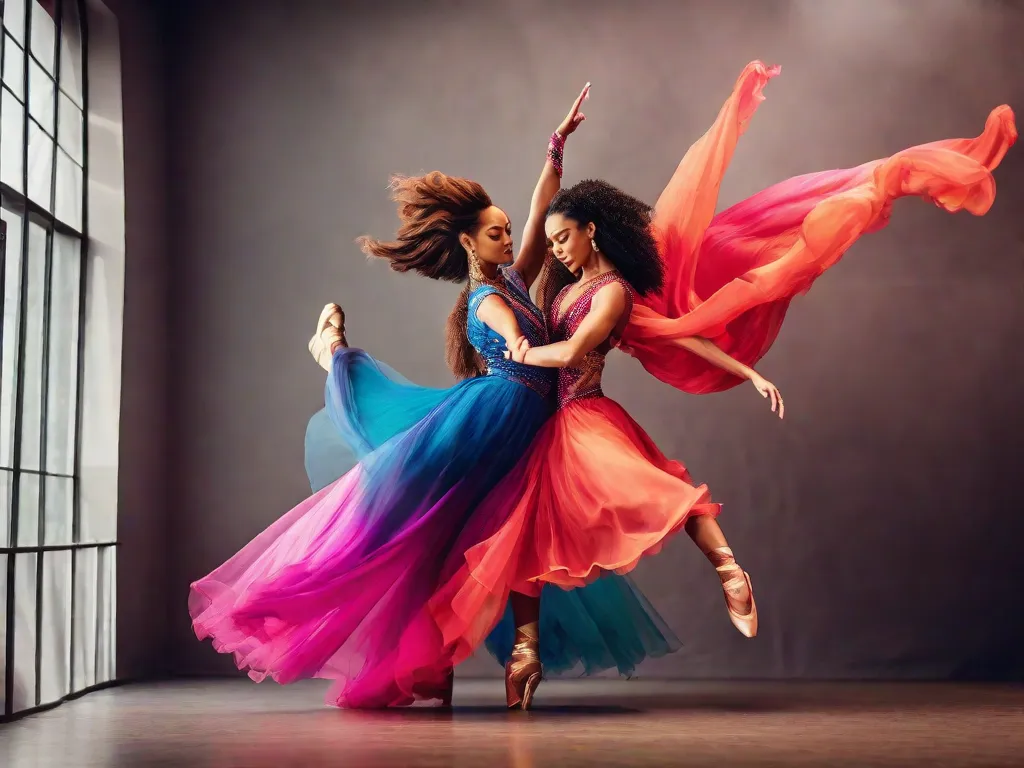 Descrição: Uma imagem vibrante mostrando um grupo de dançarinos profissionais se movendo graciosamente em sincronia em um palco. Seus trajes coloridos e poses dinâmicas exalam energia e paixão, capturando a essência da arte da dança. A foto registra um momento de pura expressão e fluidez, evocando uma sensação de alegria e criatividade.