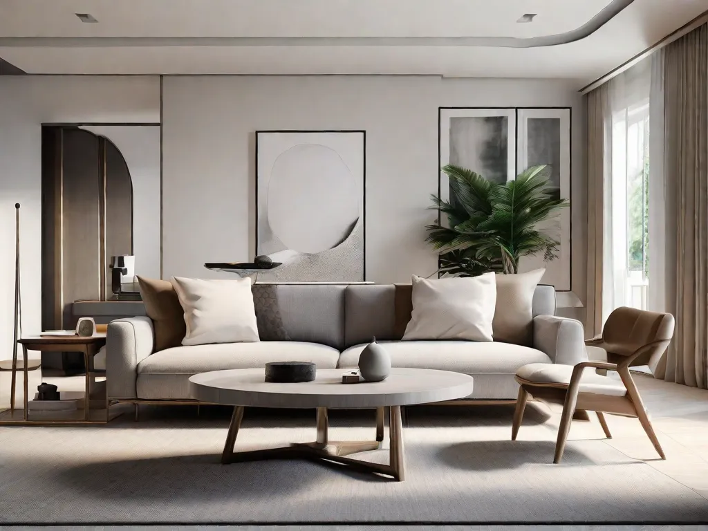 Um conceito de design elegante e moderno é representado na imagem. A imagem mostra uma sala de estar minimalista com linhas limpas, cores neutras e um equilíbrio perfeito entre forma e função. Os móveis e peças de decoração exalam elegância e simplicidade, criando um espaço visualmente atraente e harmonioso.