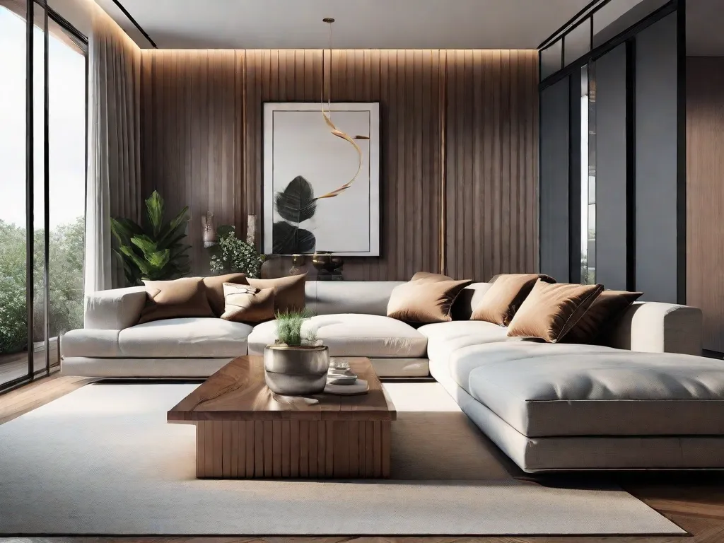 Um conceito de design elegante e moderno é apresentado nesta imagem. Uma sala de estar minimalista com linhas limpas, cores neutras e uma combinação de materiais naturais como madeira e metal. O espaço é decorado com bom gosto, criando uma atmosfera harmoniosa e elegante.