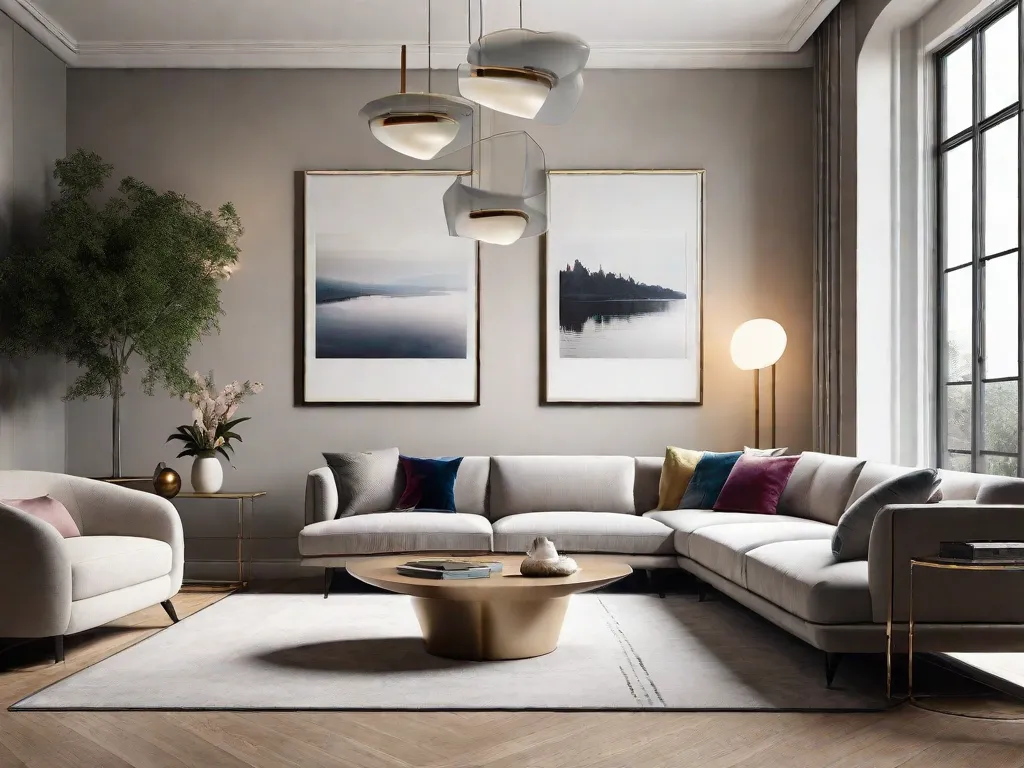 Uma sala de estar elegante e moderna com design minimalista. A imagem mostra um espaço limpo e organizado, com uma paleta de cores neutras, móveis contemporâneos e iluminação estratégica que cria uma atmosfera serena e sofisticada.