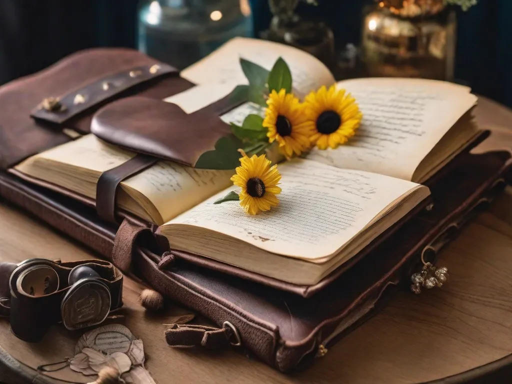 Uma imagem em close-up de um caderno de couro muito usado, suas páginas preenchidas com pensamentos e reflexões escritas à mão. O caderno é adornado com adesivos, flores prensadas e vários objetos de lembrança, refletindo a jornada pessoal e as experiências do dono.
