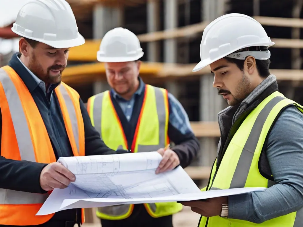 Descrição: Um grupo de engenheiros civis usando capacetes e coletes de segurança, em pé em um canteiro de obras. Eles estão inspecionando plantas e discutindo planos para um novo edifício. O cenário mostra guindastes, andaimes e outros equipamentos de construção, destacando a natureza dinâmica dos projetos de engenharia civil.