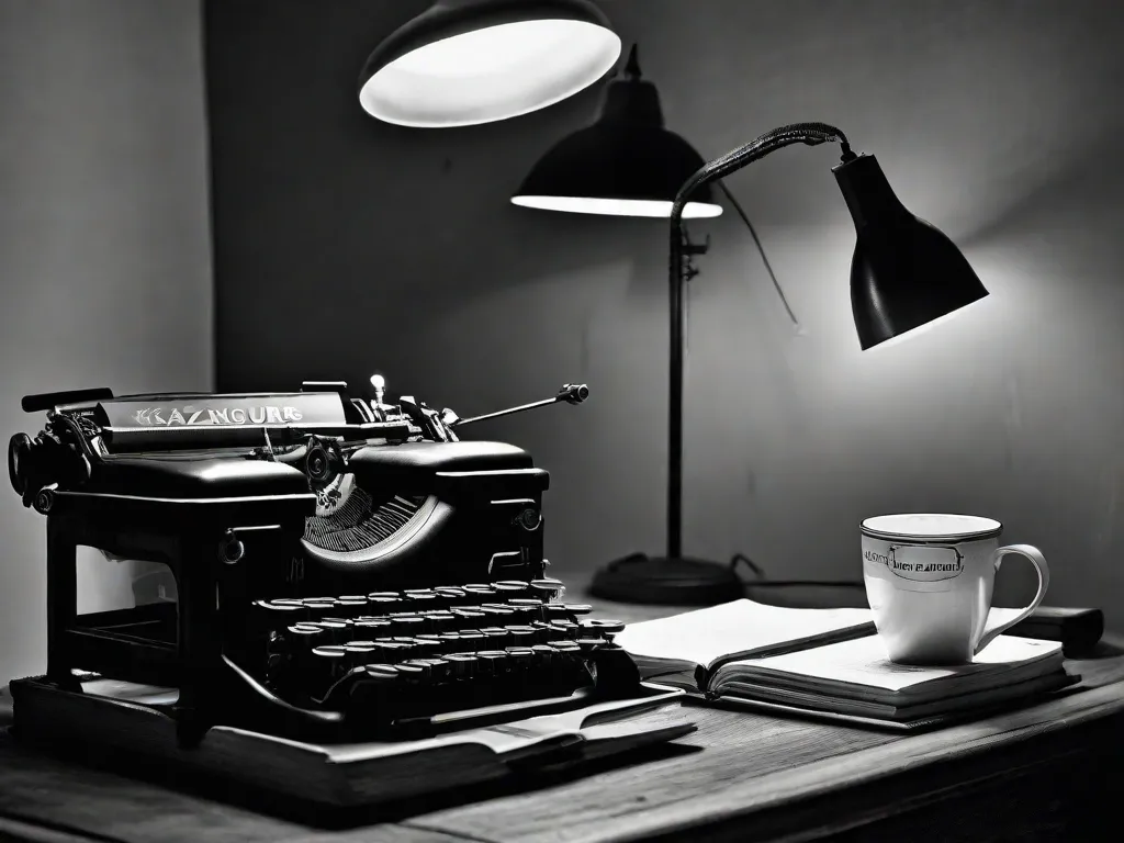 Uma fotografia em preto e branco de uma sala de estudo vazia com uma máquina de escrever em uma mesa de madeira. A luz do sol entra pela janela, lançando um brilho suave no ambiente. A imagem captura a essência do processo introspectivo de escrita de Kazuo Ishiguro e sua habilidade de criar histórias cativantes através de suas palavras escritas na máquina de escrever.