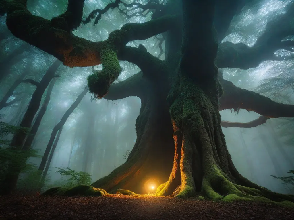 Descrição: Uma imagem mística de uma floresta profunda e escura envolta em uma névoa de outro mundo. Árvores antigas erguem-se altas, seus galhos adornados com orbes vibrantes e brilhantes de energia mágica. Fios de encantamentos envolvem o ar, criando uma atmosfera de mistério e maravilha.