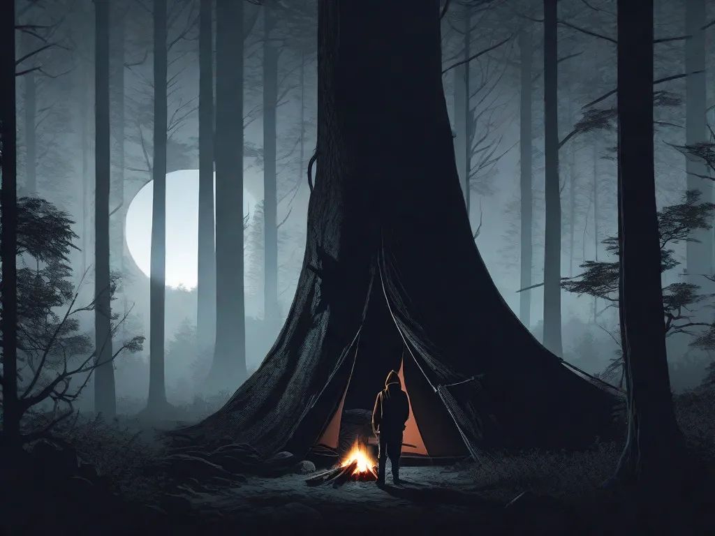 Uma floresta escura e misteriosa à noite, iluminada pela luz da lua filtrando através do denso dossel. Uma fogueira crepita, lançando sombras assustadoras nas árvores ao redor. Ao longe, a silhueta de uma figura se destaca, envolta em sombras, insinuando os segredos sobrenaturais que se escondem no acampamento Shadow Falls