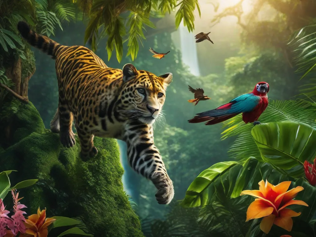 Descrição: Uma imagem vibrante mostrando uma exuberante floresta tropical cheia de uma variedade diversificada de animais. Macacos balançam nos galhos das árvores, pássaros coloridos voam pelo céu, enquanto uma majestosa onça-pintada percorre a vegetação rasteira. A imagem captura a beleza e a harmonia das magníficas criaturas da natureza.