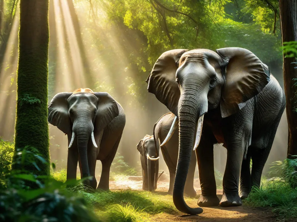 Descrição: Uma imagem vibrante de uma floresta verde exuberante, com a luz do sol filtrando entre as árvores altas. Na frente, uma família de elefantes majestosos percorre pacificamente, suas trombas erguidas em união. A cena transborda harmonia e a beleza das criaturas da natureza.