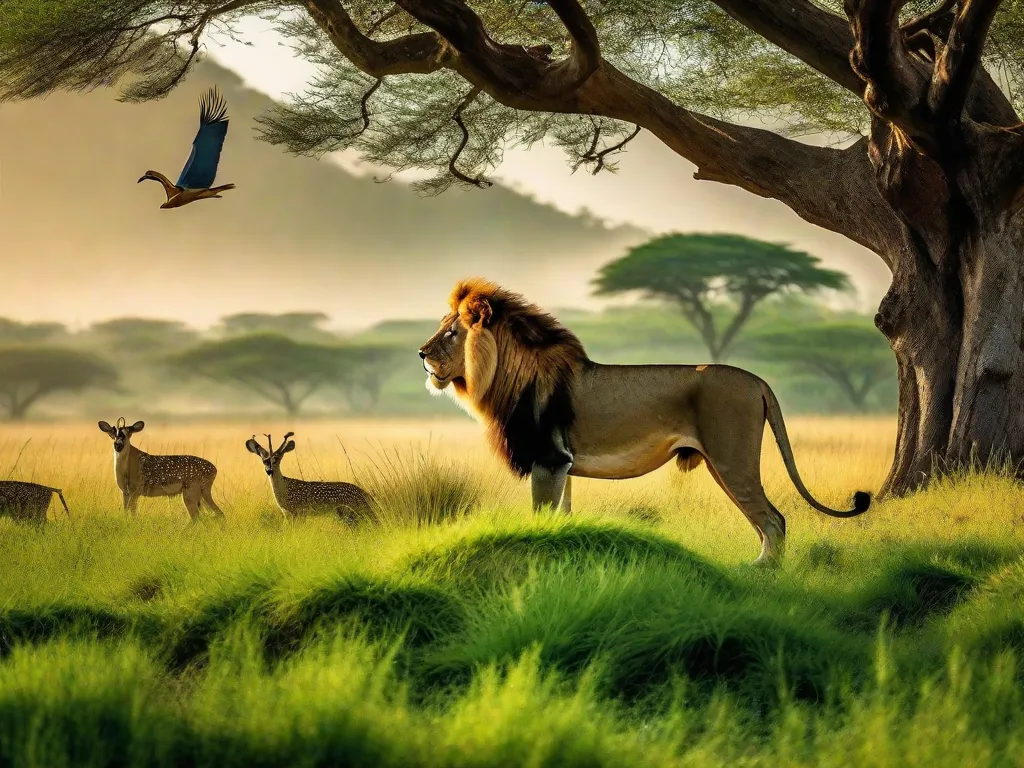 Descrição: Uma imagem vibrante que mostra uma floresta verde exuberante com uma variedade de animais em seu habitat natural. Um majestoso leão se ergue alto, enquanto uma graciosa gazela salta pelas pradarias. Pássaros coloridos voam acima, adicionando um toque de encantamento à cena. A convivência harmoniosa desses animais simboliza a beleza da diversidade da natureza