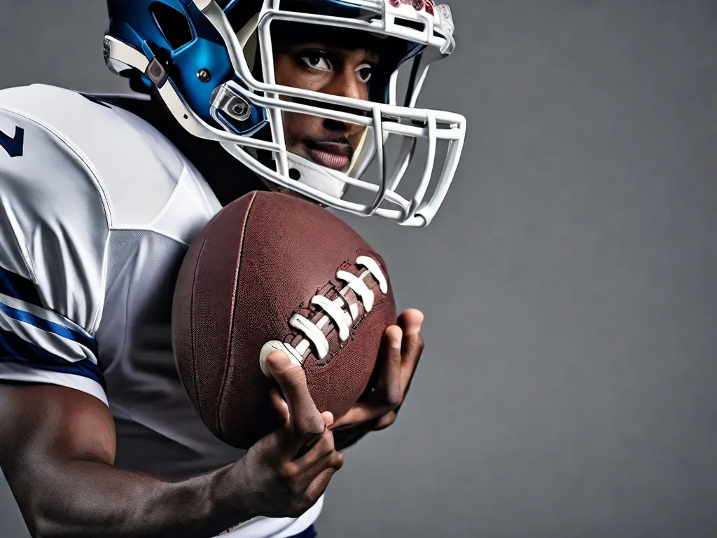 Uma imagem em close das mãos de um jogador de futebol americano segurando firmemente as cordas de uma bola de futebol, pronto para lançar um passe. A intensidade em seus olhos e a determinação em seu rosto capturam a essência do espírito do futebol americano.