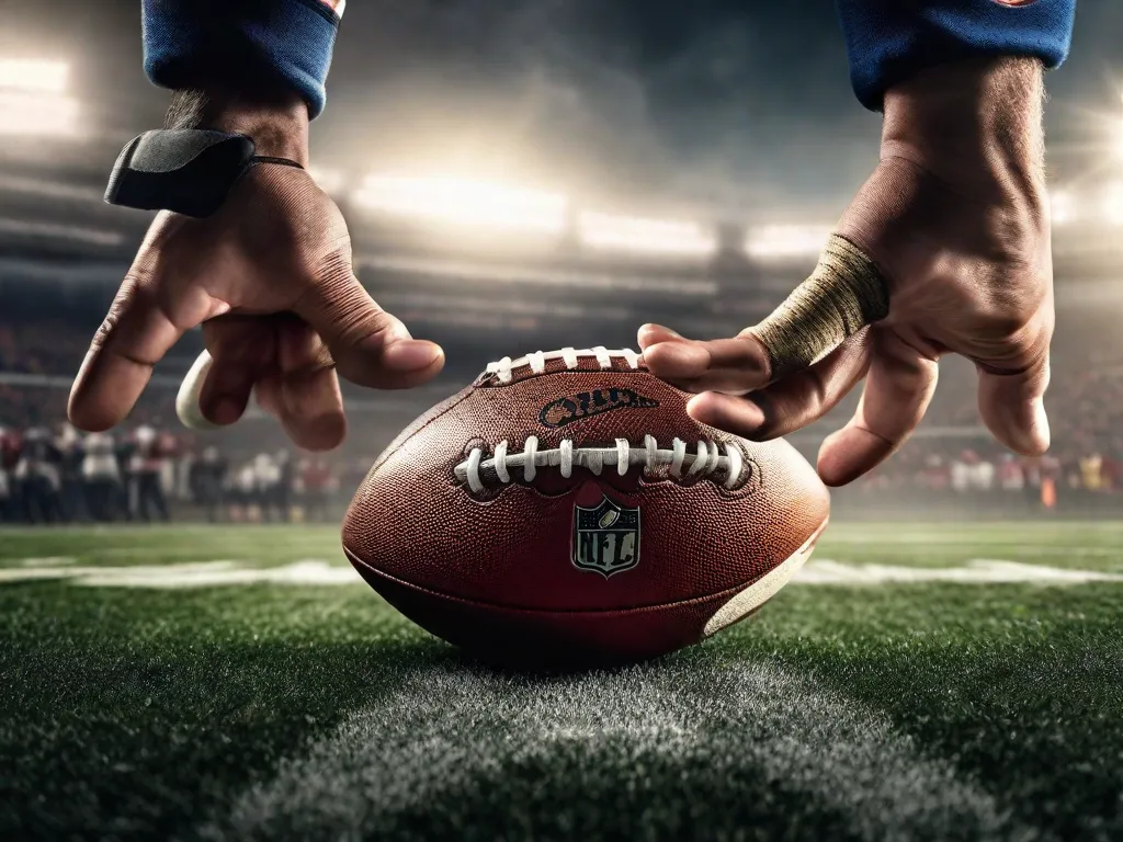 Uma imagem em close das mãos de um jogador de futebol americano segurando firmemente uma bola, com os dedos envolvendo as cordas. A intensa concentração do jogador é evidente enquanto ele se prepara para lançar um passe poderoso, capturando a essência da empolgação e intensidade do futebol americano.