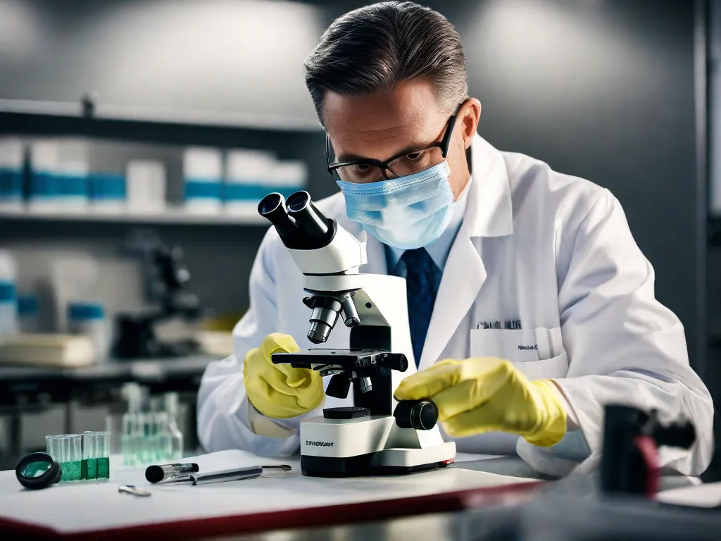 Descrição da imagem: Uma fotografia em close-up de um cientista forense examinando evidências sob um microscópio. As mãos enluvadas do especialista manuseiam cuidadosamente uma peça de evidência, enquanto sua expressão concentrada e a luz intensa do microscópio destacam a importância de seu trabalho minucioso na resolução de casos criminais.