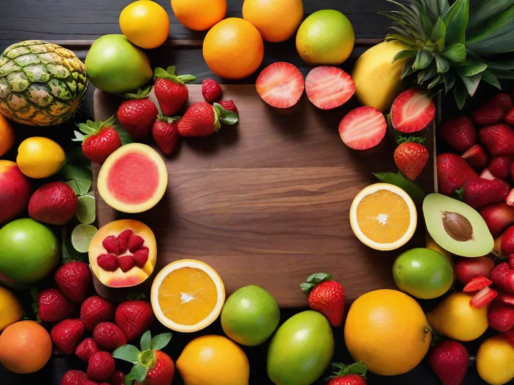 Uma imagem vibrante mostrando uma variedade de frutas coloridas, cuidadosamente arranjadas em uma tábua de corte de madeira. As frutas, incluindo morangos suculentos, mangas maduras, fatias suculentas de melancia e frutas cítricas tangíveis, criam uma exibição visualmente atraente que destaca a essência do frudivorismo - um estilo de vida