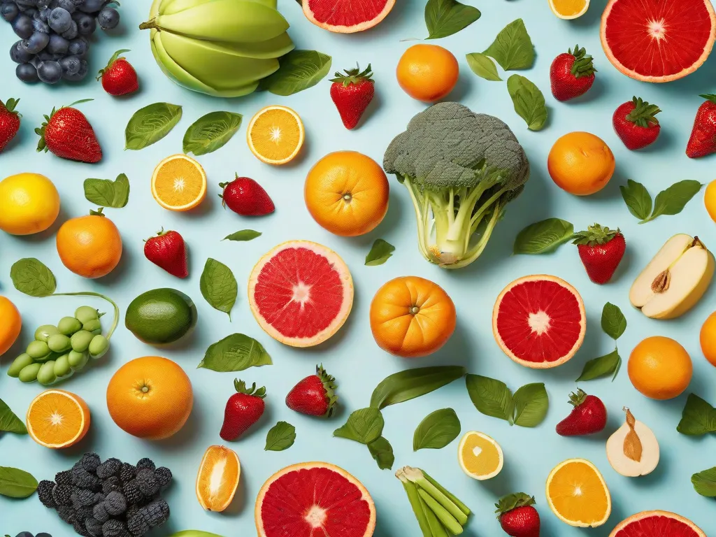 Uma imagem vibrante mostrando uma variedade colorida de frutas e legumes frescos, dispostos de forma organizada em uma exibição abundante. As frutas, como laranjas suculentas, morangos suculentos e maçãs crocantes, emanam frescor e vitalidade, simbolizando a essência do frudivorismo - um estilo de vida centrado no consumo de frutas cruas para