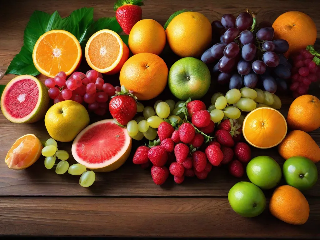 Uma imagem vibrante mostrando uma variedade colorida de frutas e legumes frescos, dispostos de forma organizada em uma exibição abundante. As frutas, como laranjas suculentas, morangos suculentos e maçãs crocantes, emanam frescor e vitalidade, simbolizando a essência do frudivorismo - um estilo de vida centrado no consumo de frutas cruas para
