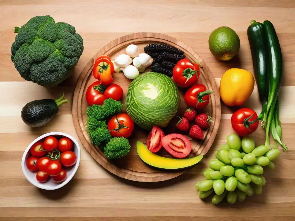Descrição: Uma imagem vibrante que mostra uma variedade colorida de frutas e legumes frescos, cuidadosamente arranjados em uma tábua de corte de madeira. Os ingredientes incluem folhas verdes, frutas vermelhas maduras, fatias de abacate, tomates cereja e pimentões fatiados. Essa imagem visualmente atraente representa a essência de receitas voltadas para a saúde, promov