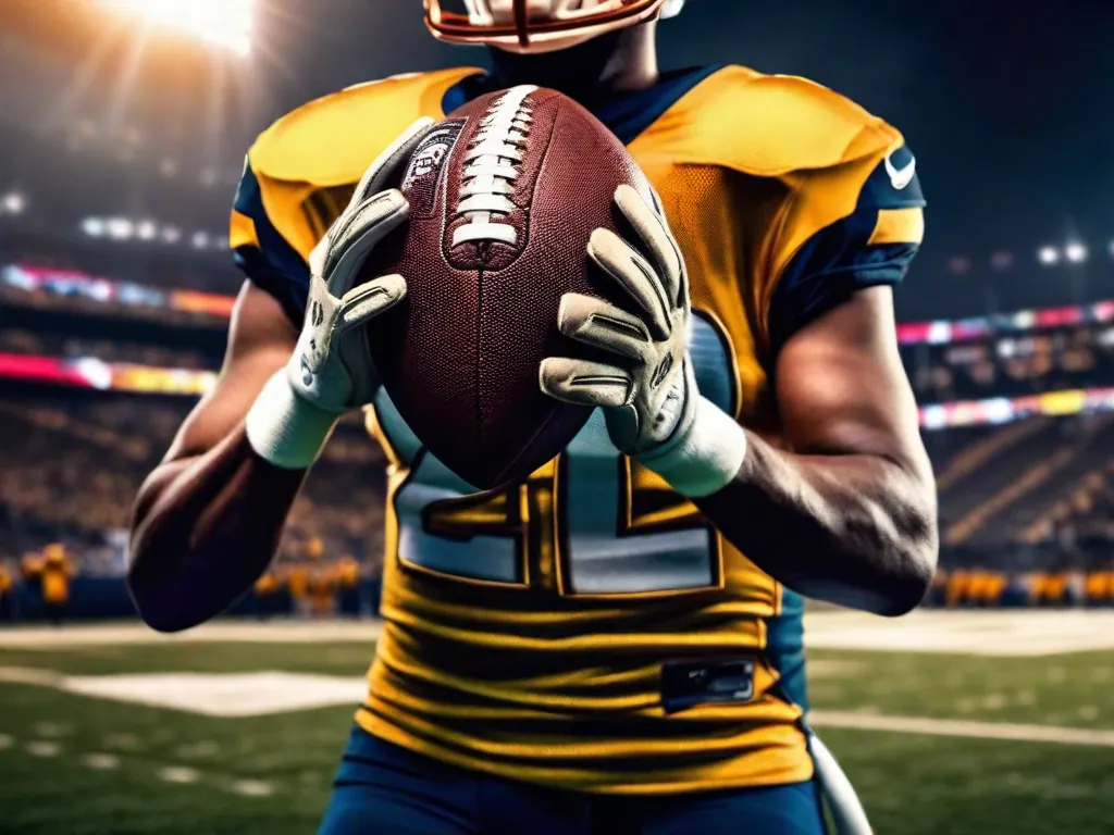 Uma imagem em close-up das mãos de um jogador de futebol americano segurando firmemente as cordas de uma bola de futebol, pronto para lançar uma espiral perfeita. A concentração intensa do jogador é evidente enquanto as luzes do estádio iluminam a determinação em seus olhos. A imagem captura a empolgação e a intensidade do futebol americano.