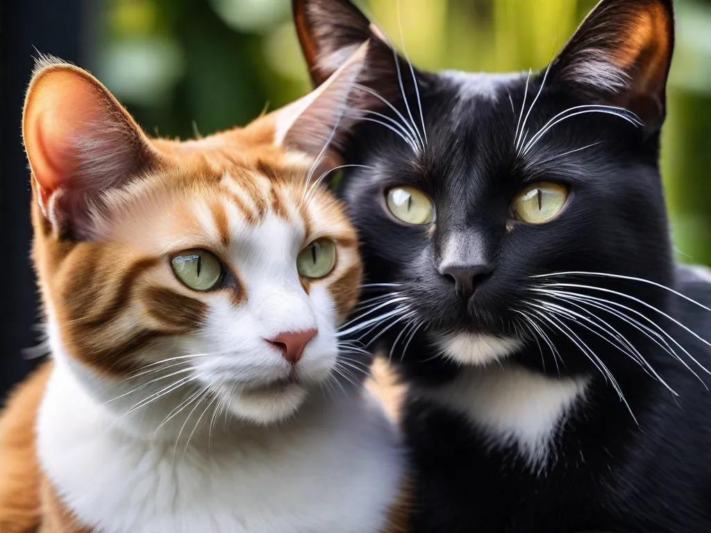 Descrição: Uma imagem cativante de dois gatos elegantes descansando em um parapeito de janela, aproveitando o sol quente. Seus pelos brilhantes reluzem enquanto eles se esticam e entrelaçam com graça, exibindo a beleza e a elegância dessas majestosas criaturas felinas.