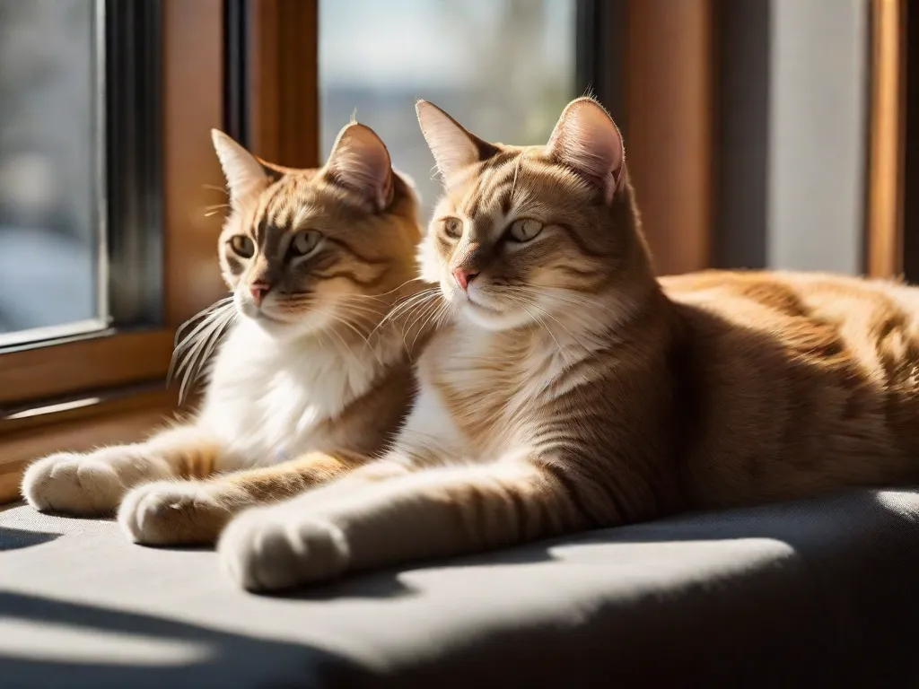 Descrição: Uma imagem cativante de dois gatos elegantes descansando em um parapeito de janela, aproveitando o sol quente. Seus pelos brilhantes reluzem enquanto eles se esticam e entrelaçam com graça, exibindo a beleza e a elegância dessas majestosas criaturas felinas.