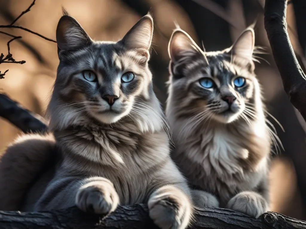 Uma imagem fascinante de dois gatos graciosos empoleirados em um galho de árvore, seus olhos brilhando à luz do luar. Seu pelo brilhante reluz em tons prateados e ébano, exibindo sua elegância e natureza misteriosa. Os felinos cativantes exalam uma sensação de tranquilidade e independência, fascinando todos que os contemplam.