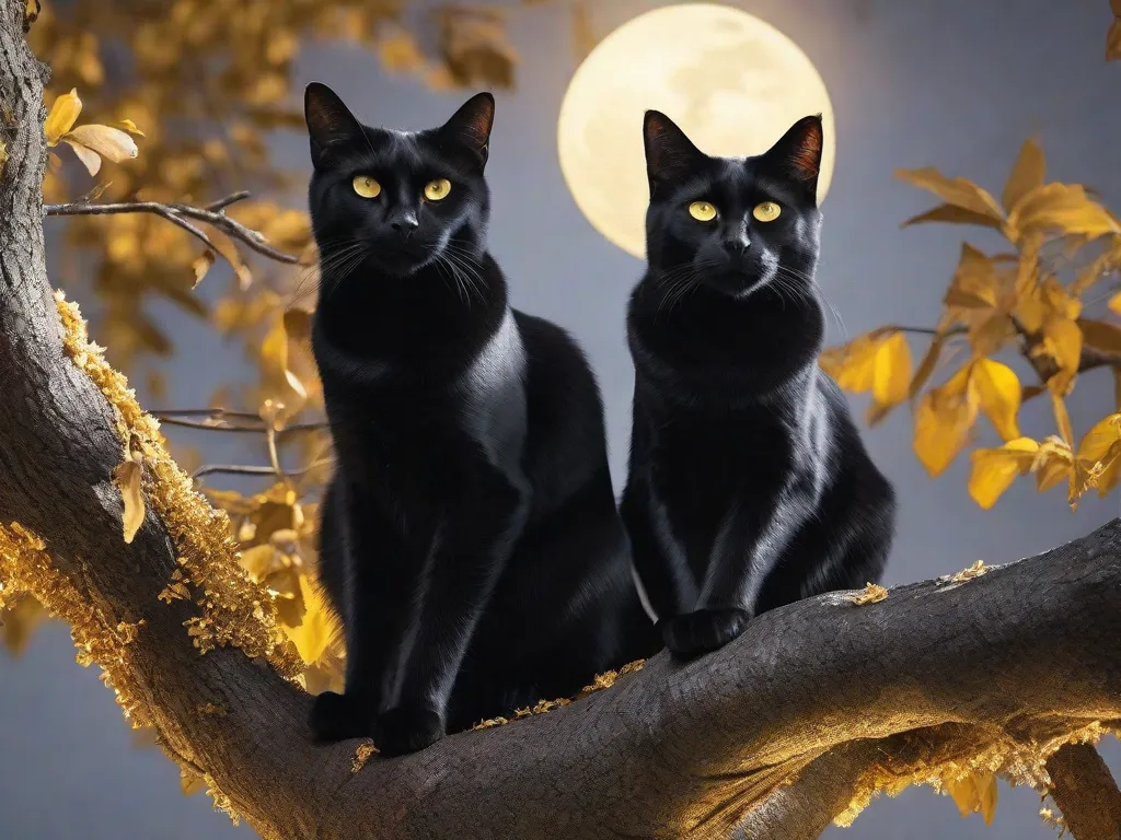 Descrição: Uma imagem em close de dois majestosos gatos pretos com olhos amarelos penetrantes, sentados graciosamente lado a lado em um galho de árvore. Seu pelo lustroso brilha sob a luz suave do luar, exalando um ar de mistério e elegância.