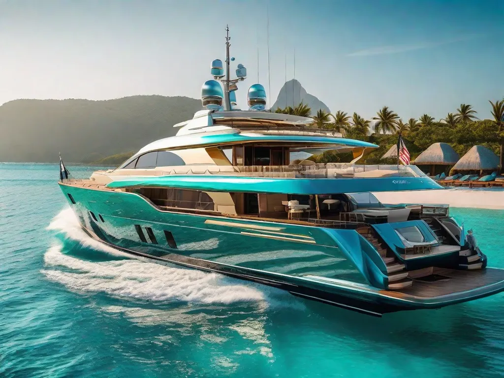 Descrição: Uma imagem vibrante mostrando um iate luxuoso navegando em águas turquesa cristalinas. O iate é adornado com detalhes dourados, e o convés está cheio de pessoas desfrutando do estilo de vida luxuoso, aproveitando o sol e saboreando champanhe. A imagem representa a aspiração de se tornar rico e viver uma vida de opulência e abundância.