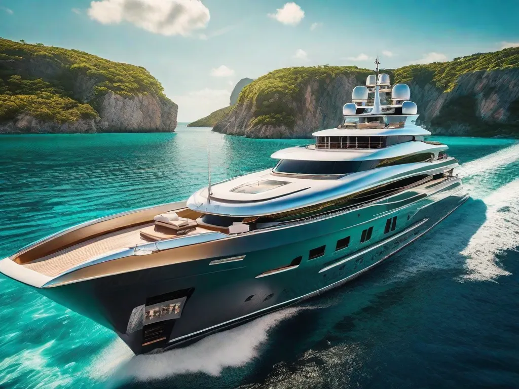 Descrição: Uma imagem vibrante mostrando um luxuoso iate navegando por águas turquesa cristalinas. O iate é adornado com características opulentas, incluindo um heliponto e uma piscina no convés. A cena captura a essência da riqueza e do sucesso, instigando os espectadores a imaginar-se alcançando abundância financeira.
