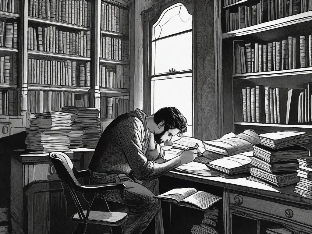 Descrição da imagem:
Uma ilustração em preto e branco de um homem sentado sozinho em um quarto pouco iluminado, cercado por pilhas de livros e papéis. Ele está curvado sobre uma mesa, mergulhado em pensamentos, com uma caneta na mão e uma expressão contemplativa no rosto. O ambiente está cheio de uma atmosfera de criatividade e introspecção.