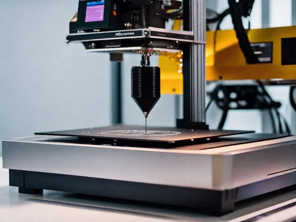 Descrição: Uma imagem em close-up de uma impressora 3D em ação, com camadas de plástico derretido sendo cuidadosamente depositadas em uma plataforma. Os detalhes intricados do objeto sendo impresso são visíveis, destacando a precisão e inovação da tecnologia de impressão 3D.