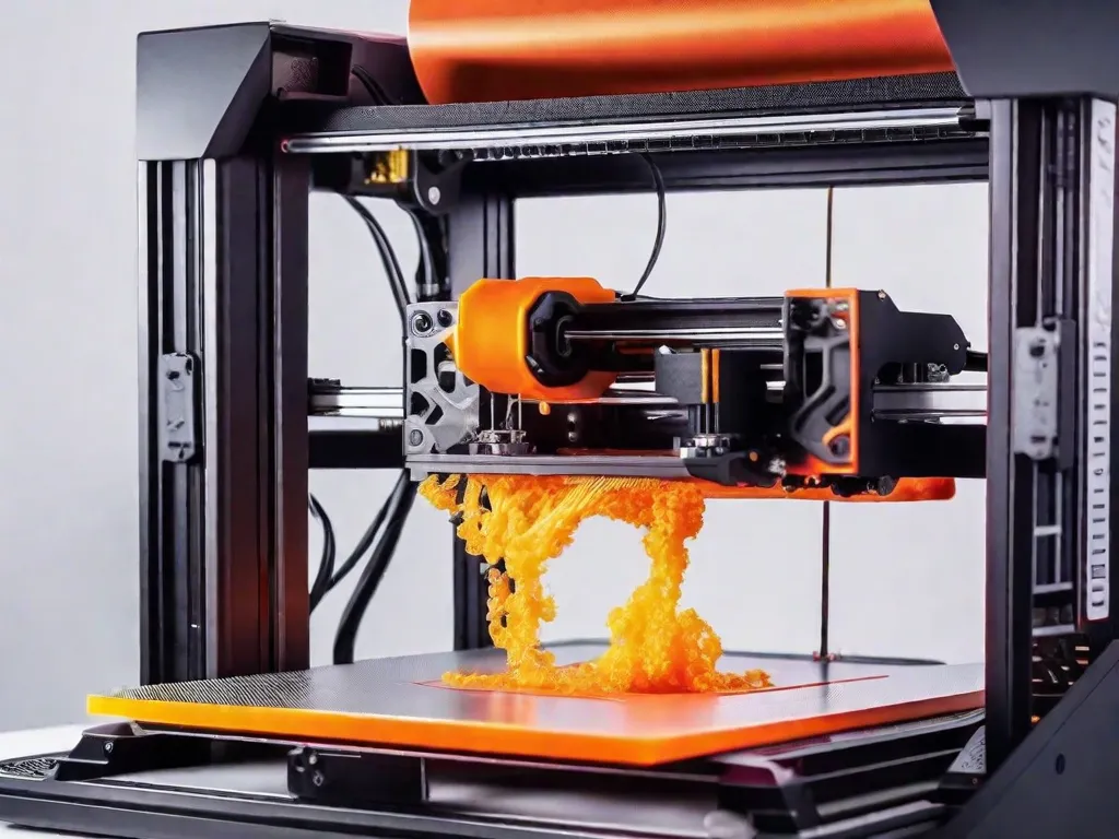 Uma imagem em close-up de uma impressora 3D em ação, com camadas de plástico derretido sendo cuidadosamente depositadas para criar um objeto detalhado e intrincado. As cores vibrantes do filamento e a precisão do processo de impressão destacam o fascinante mundo da tecnologia de impressão 3D.