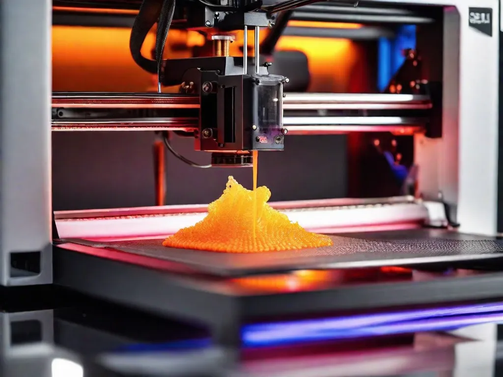 Uma imagem em close-up de uma impressora 3D em ação, com camadas de plástico derretido sendo cuidadosamente depositadas para criar um objeto detalhado e intrincado. As cores vibrantes do filamento e a precisão do processo de impressão destacam o fascinante mundo da tecnologia de impressão 3D.