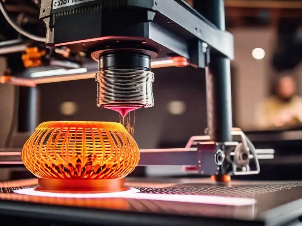 Uma imagem em close-up de uma impressora 3D em ação, com detalhes intrincados de um objeto complexo sendo impresso camada por camada. As cores vibrantes e os movimentos precisos da impressora destacam o fascinante processo de impressão 3D e seu potencial para revolucionar várias indústrias.