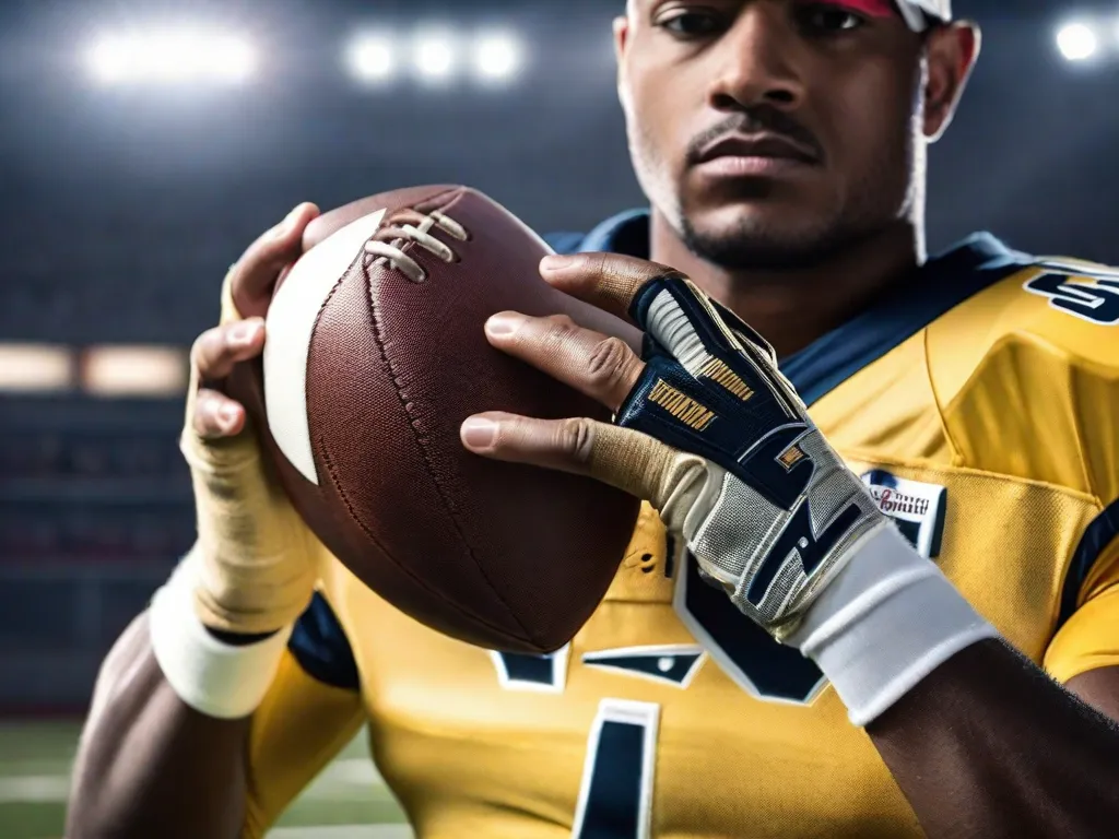Uma imagem em close das mãos de um jogador de futebol americano segurando firmemente as cordas de uma bola de futebol, pronto para lançar um passe. A intensidade em seus olhos e a determinação em seu rosto capturam a essência do espírito do futebol americano.