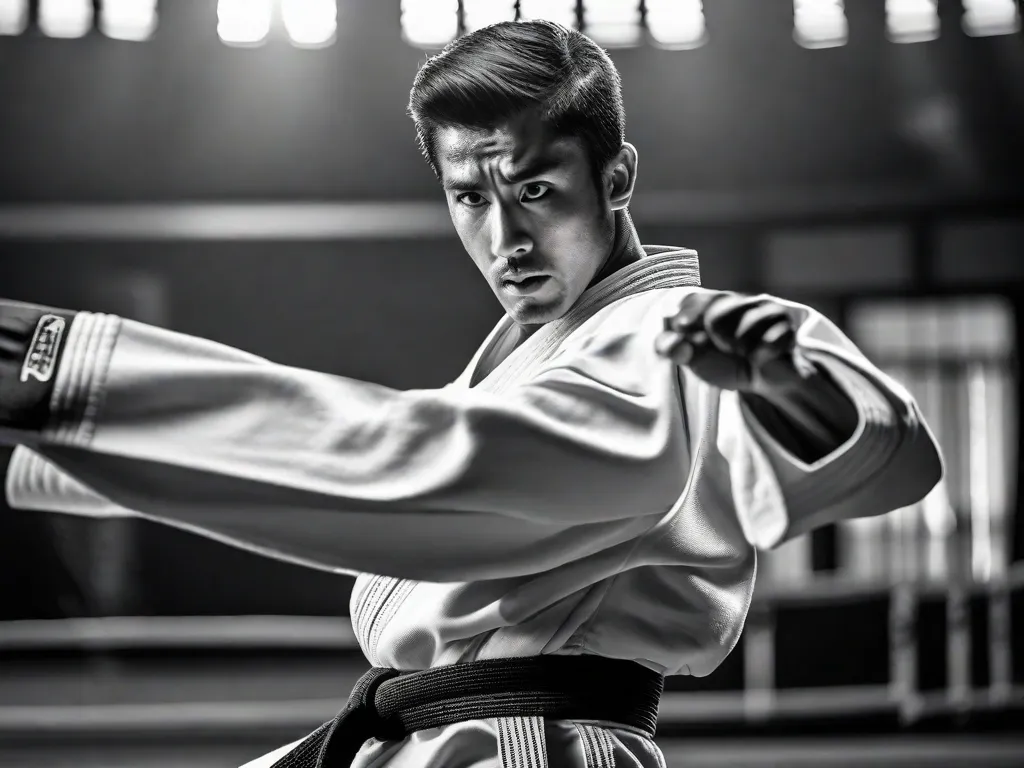 Uma imagem em preto e branco captura a intensidade de um praticante de karatê no ar, executando um poderoso chute alto. A expressão concentrada em seu rosto e a fluidez de seus movimentos mostram a disciplina, força e precisão que definem a arte do karatê.