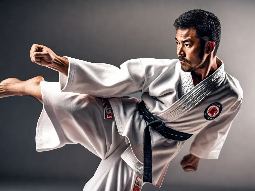 A imagem mostra um praticante habilidoso de karatê em uma pose dinâmica, no ar, executando um chute poderoso. Sua expressão focada e técnica perfeitamente executada demonstram a disciplina, força e precisão requeridas na arte do karatê. A imagem captura a essência da graça e poder deste arte marcial.