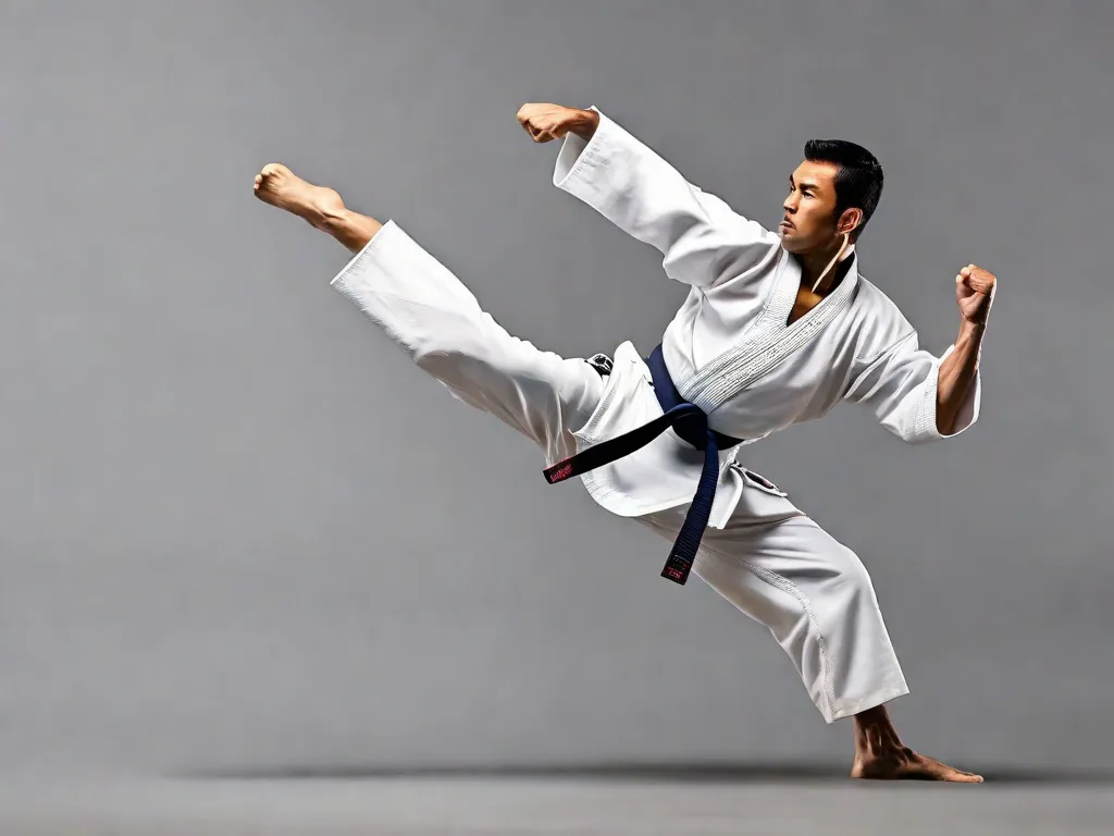 A imagem mostra um praticante habilidoso de karatê em uma pose dinâmica, no ar, executando um chute poderoso. Sua expressão focada e técnica perfeitamente executada demonstram a disciplina, força e precisão requeridas na arte do karatê. A imagem captura a essência da graça e poder deste arte marcial.