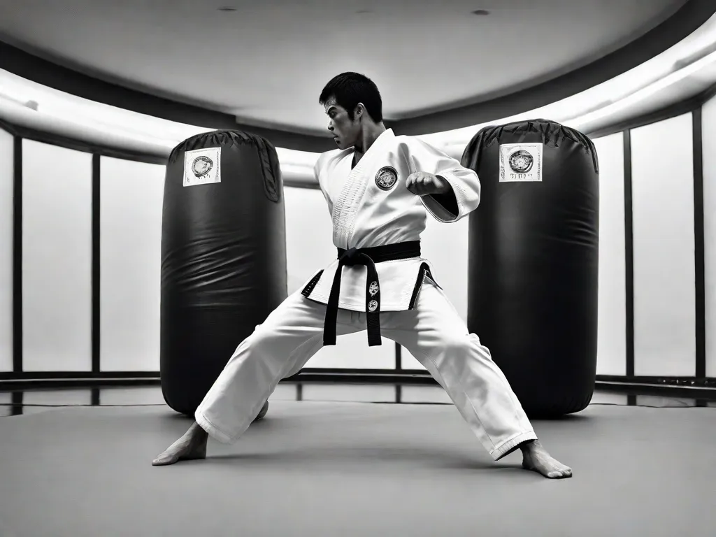 Uma imagem em preto e branco captura a intensidade de um praticante de karatê no meio de um chute, músculos tensos e focados. O corpo do artista marcial forma uma linha perfeita enquanto demonstra força, disciplina e precisão. A determinação em seus olhos reflete seu compromisso inabalável com a arte do karatê.