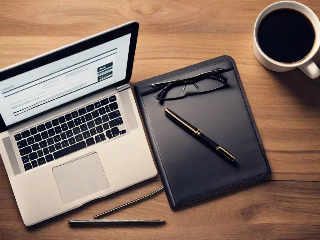 Um laptop está sobre uma mesa de madeira, cercado por uma xícara de café, um caderno e um par de óculos. A tela exibe uma página da web com várias oportunidades de emprego online, simbolizando a flexibilidade e conveniência de trabalhar online.