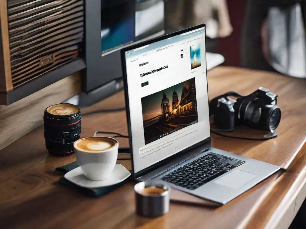 Um laptop está sobre uma mesa de madeira, cercado por uma xícara de café, um caderno e um par de óculos. A tela exibe uma página da web com várias oportunidades de emprego online, simbolizando a flexibilidade e conveniência de trabalhar online.