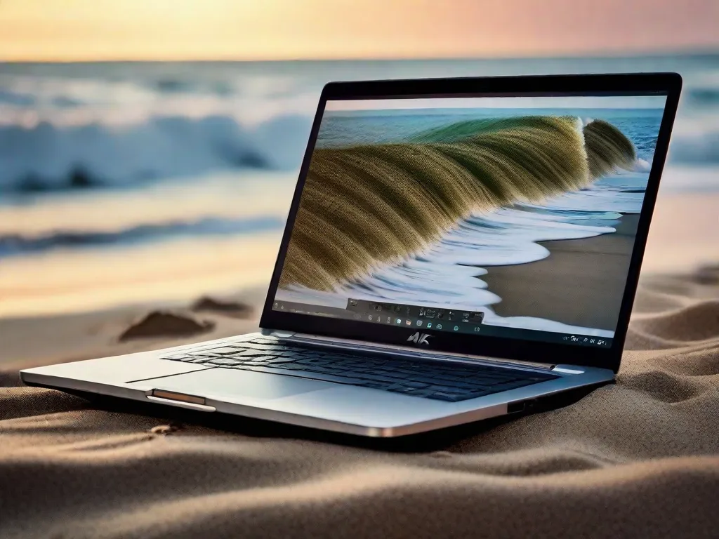 Uma imagem de um laptop em uma praia, com as ondas quebrando ao fundo. A tela do laptop exibe uma variedade de plataformas e ferramentas de trabalho online, simbolizando a liberdade e flexibilidade de trabalhar online de qualquer lugar do mundo.