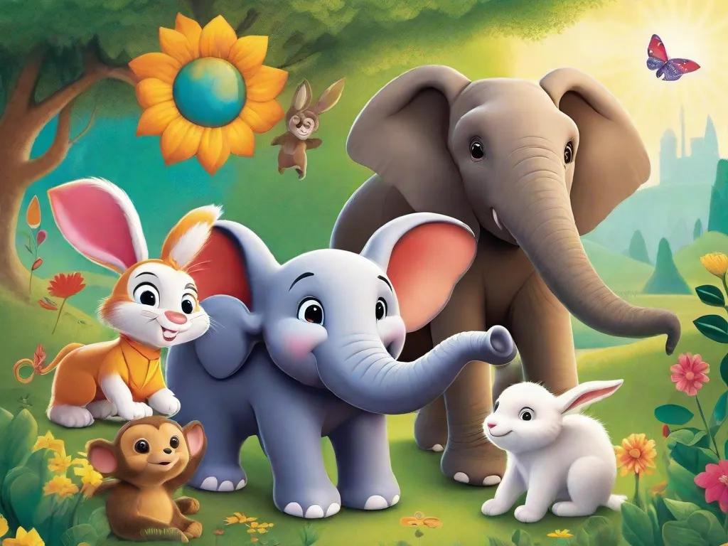 Tema: Histórias infantis para crianças de 0 a 3 anos
Descrição da imagem: Um livro de imagens colorido com ilustrações vibrantes, retratando animais adoráveis e cenas cativantes. A capa mostra um sol sorridente, cercado por personagens alegres como um elefante brincalhão, um coelho curioso e um macaco travesso. As páginas estão replet