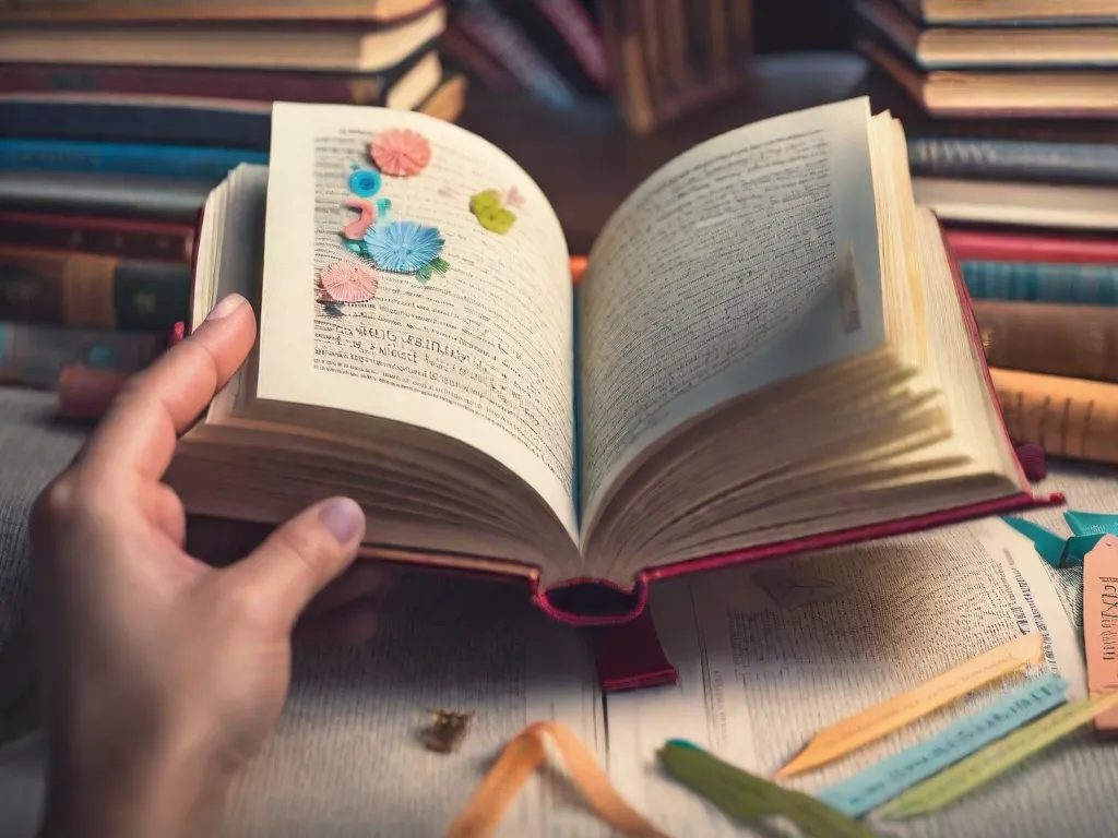 Uma imagem em close-up de um par de mãos segurando um livro aberto, com as páginas preenchidas por palavras e ilustrações coloridas. As mãos estão delicadamente virando uma página, simbolizando a alegria e a empolgação de aprender a ler. A imagem captura a curiosidade e o desejo de explorar novos mundos através dos livros.