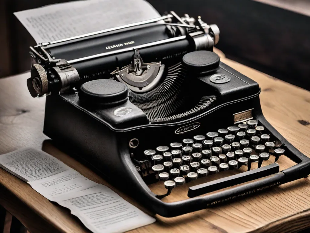 Uma foto em preto e branco de uma máquina de escrever desgastada, sentada em uma mesa de madeira. As teclas estão ligeiramente desbotadas, simbolizando a passagem do tempo e as inúmeras histórias escritas por Kazuo Ishiguro. A imagem captura a essência de suas profundas contribuições literárias e a beleza nostálgica de sua arte.
